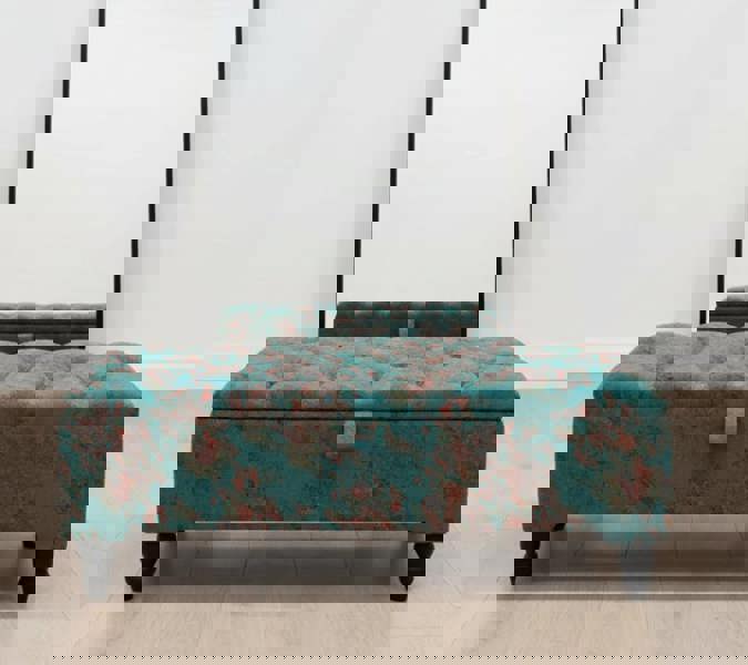 ISTOOLS Premium Teal Blue Floral Chenille Footstool – Luxury Comfort UK