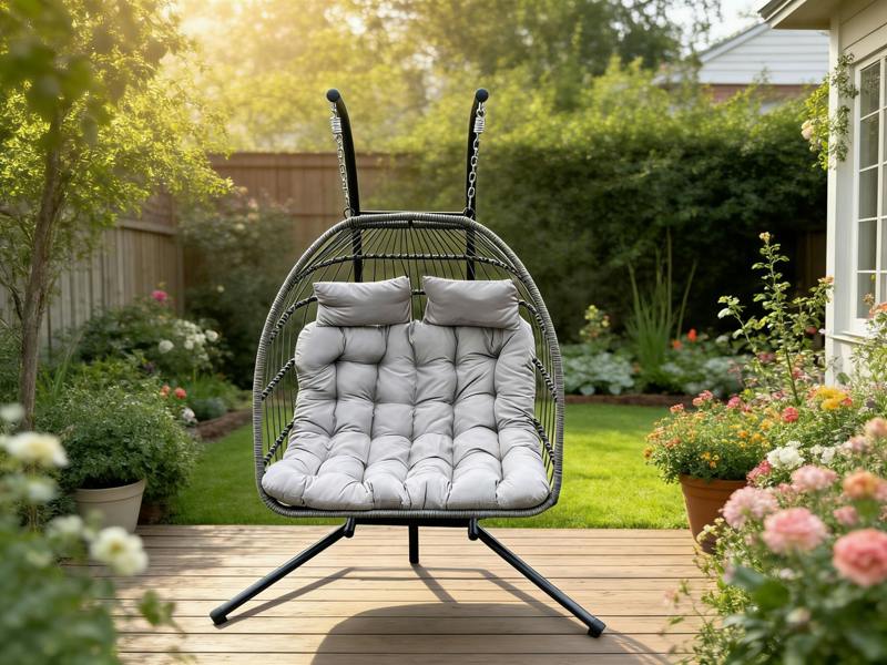Fimous Indoor Outdoor Patio Rattan Double Egg Hanging Chair Garden With Grey Thick Cushion