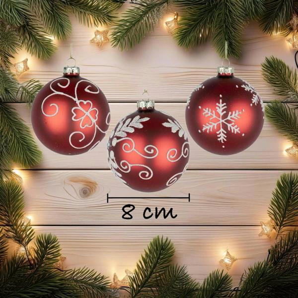 8cm Glass Christmas Baubles, 12 Pack, Red Festive Hanging Decorations with Mixed Designs image 6