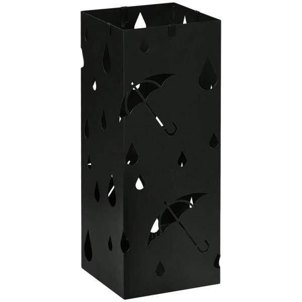 Black steel square umbrella stand with hollow pattern and hanging umbrella hooks