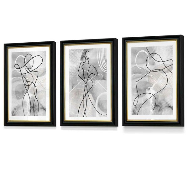 Artze Wall Art Abstract Set of 3 Fashion Line Framed Prints in Black & Grey