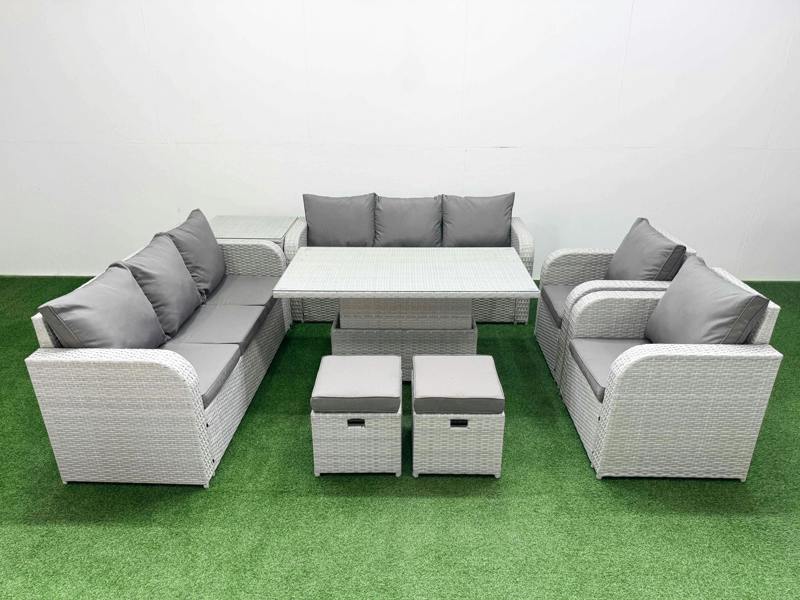 Fimous PE Rattan High Back Garden Set, Adj Height Table, 3 Seater Sofa, Reclining Chair, Stools and Side Table, Light Grey