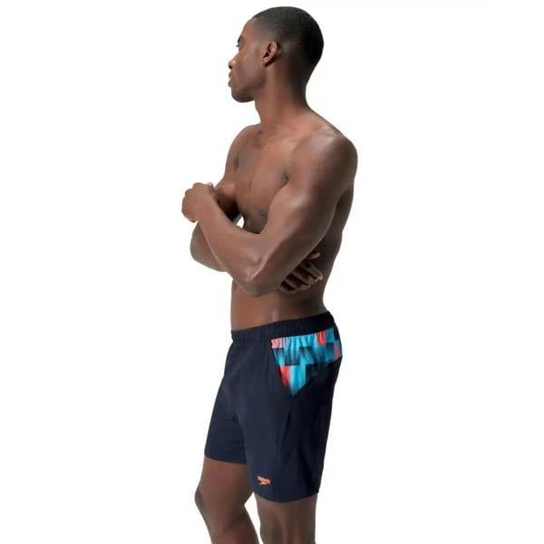 Speedo Sport blue red 16 inch watershorts with navy blue geometric pattern