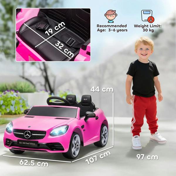 Pink kids electric ride-on car with dimensions shown; child standing nearby