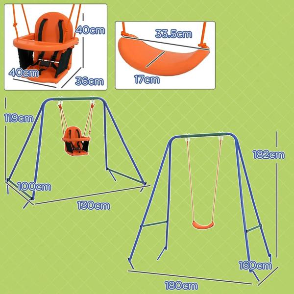Two-in-one toddler swing frame with orange seat; swing and stand height layout
