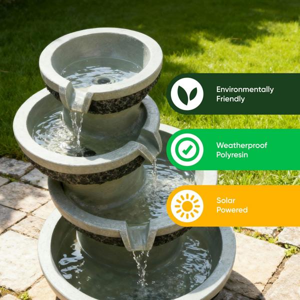 Gardenwize Solar Water Feature – Tiered Cascade Waterfall Fountain with LED Lights & Battery Backup