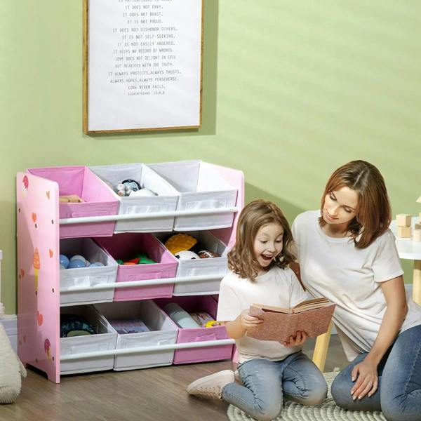 Pink kids storage rack with nine removable bins, used by a child indoors