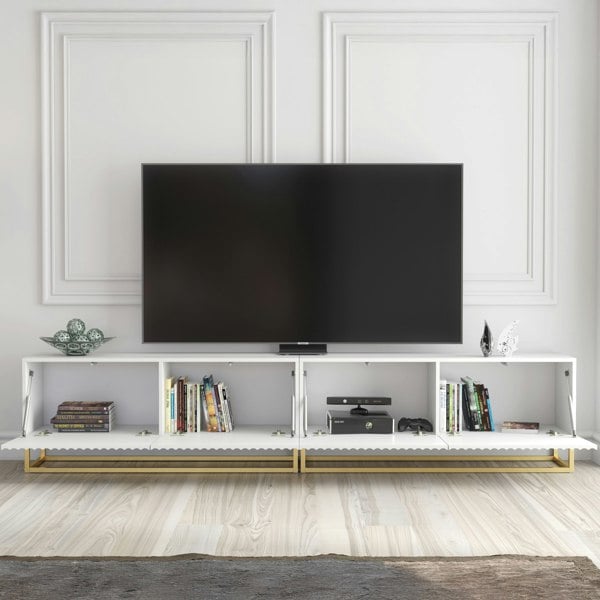 Mex Furniture Modular White TV Unit with Gold Base 200cm – Fluted Fronts & Push-Down Doors