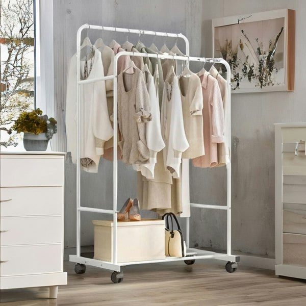 Rafaelo Mobilia Heavy Duty Metal Clothes Rail Open Wardrobe On Wheels White