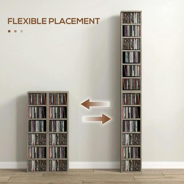 Two dark wood-effect CD storage units standing side by side with open CD shelves.