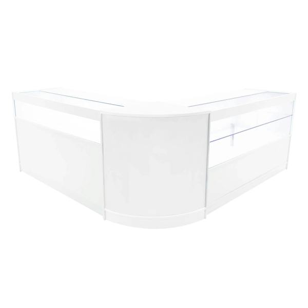 Adonis LED Shop Counter Set in white features a sleek, modern design with glass display sections and smooth surfaces, ideal for retail spaces