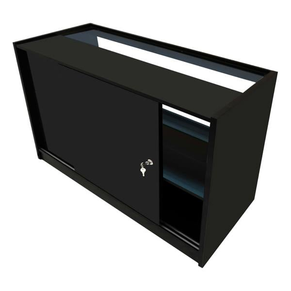 Eclipse LED Shop Counter Set in sleek black, featuring sliding doors, shelves, and a modern design for retail display and organization