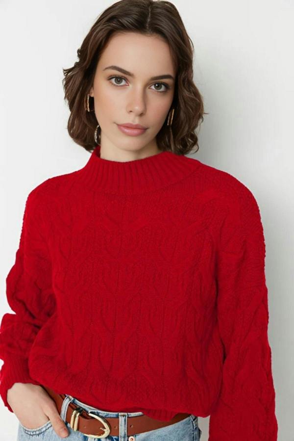WOVCOR Crop Stand Collar Knit Sweater