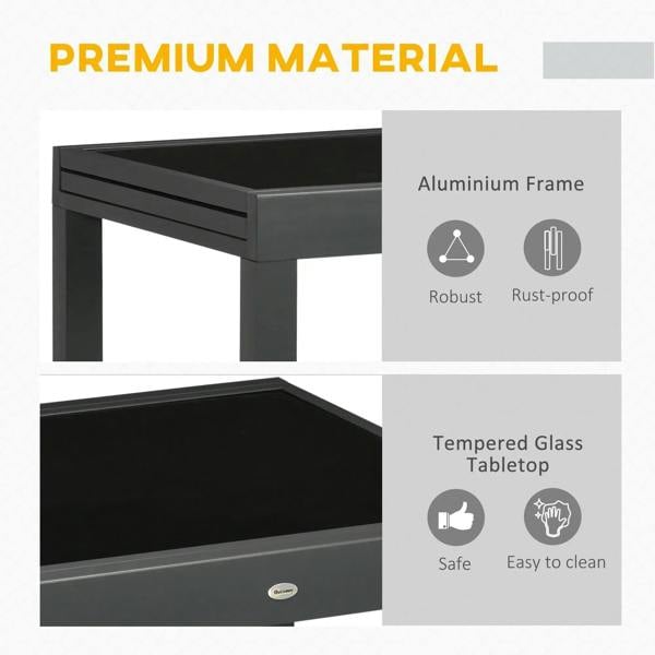 Outdoor dining table with aluminium frame and tempered glass tabletop, feature panel
