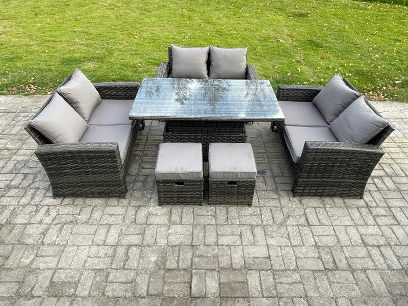 Fimous Wicker PE Rattan Garden Furniture Set - Dark Grey Mixed Height Adjustable Rising Lifting Table Sofa Dining Set