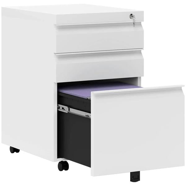 White 3-drawer mobile metal filing cabinet with top drawer open and casters.
