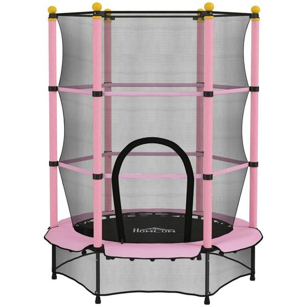 Pink kids trampoline with enclosure net, round frame, pink poles, padded jump mat