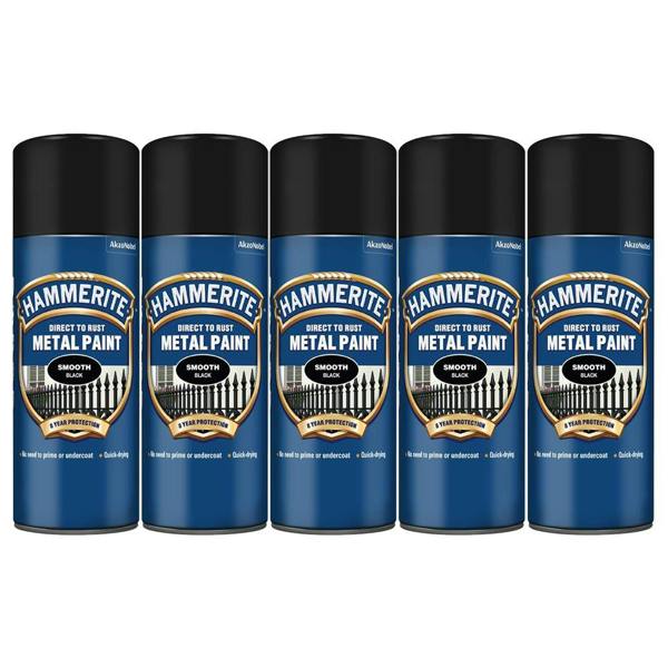 Hammerite 5X Hammerite Smooth Black Spray Paint 400ml