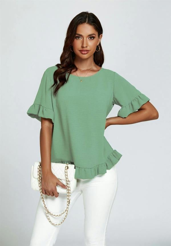 FS Collection Frill Detail Short Sleeves Top In Light Green