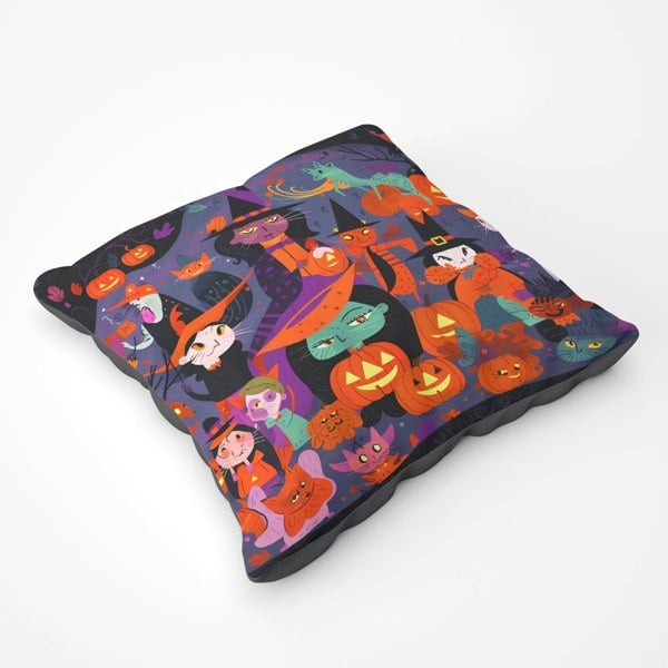 Warren Reed A Vibrant Illustration Of Witches And Pumpkin Floor Cushion