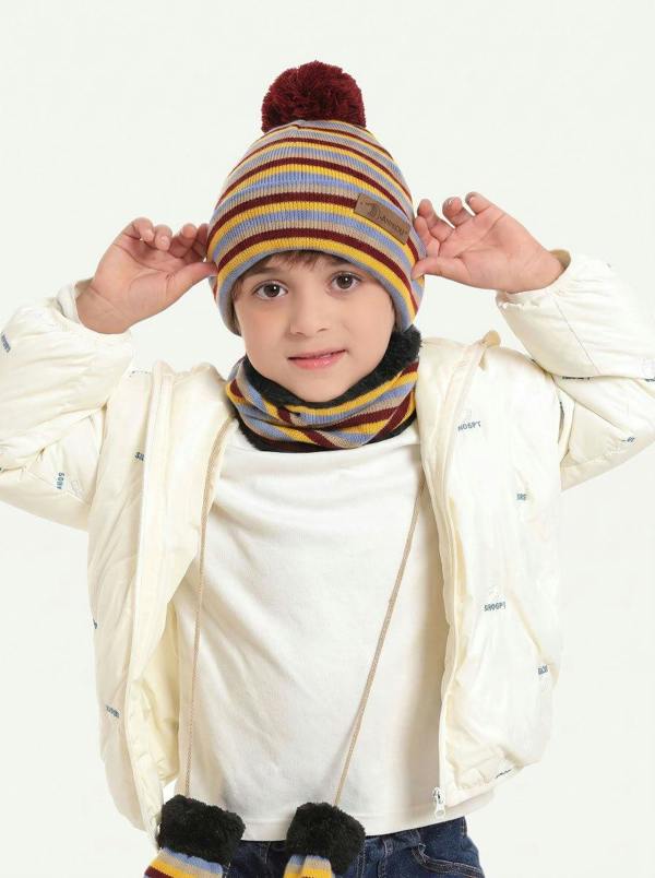 Anniou Kids Striped Knit Hat Scarf Mittens  Set - Wine Red