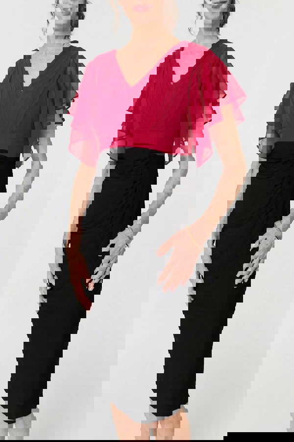 Red | Colour Block Sheer Sleeve Midi Dress
