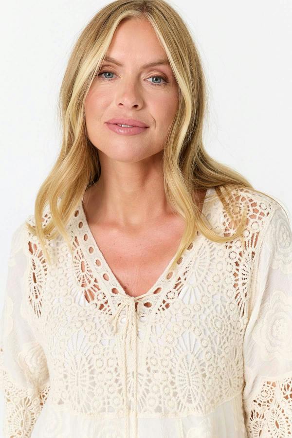 Ivory | Crochet Texture Tassel Front Boho Blouse