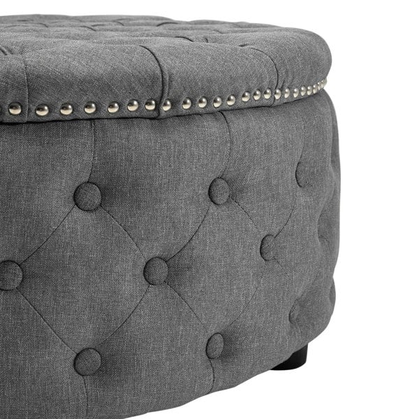 Dia 75cm Linen Tufted Round Cocktail Ottoman with Solid Wood Footstools Living and Home