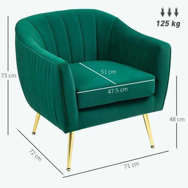 Green velvet-feel accent chair with tufted back and seat, gold legs with size markings