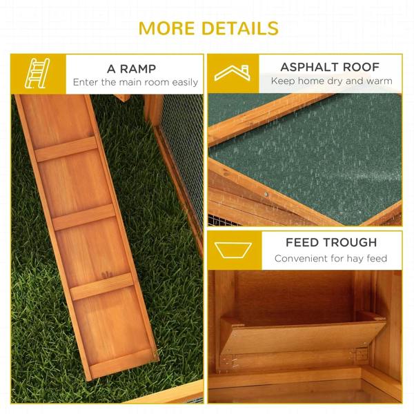 Orange wooden rabbit hutch with ramp, covered roof panel, and built-in feed trough