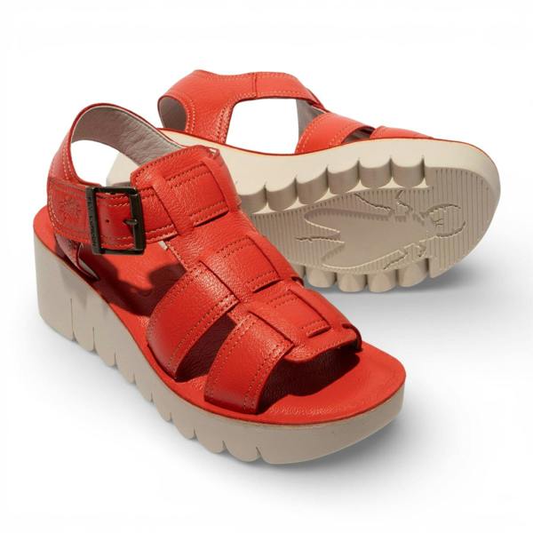 Fly London Women's YUDD236FLY Devil Red Leather Wedge Sandals