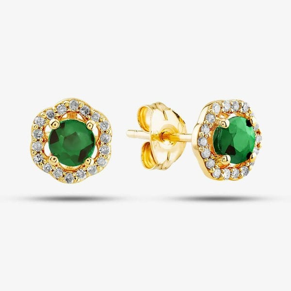 T. H. Baker 9ct Yellow Gold Emerald & Diamond Halo Stud Earrings OJE1701-E