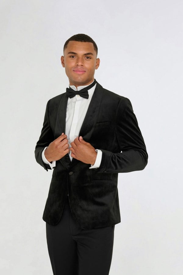 Harry Brown London Leo Velvet Tuxedo Dinner Jacket with Shawl Lapel Detail in Black