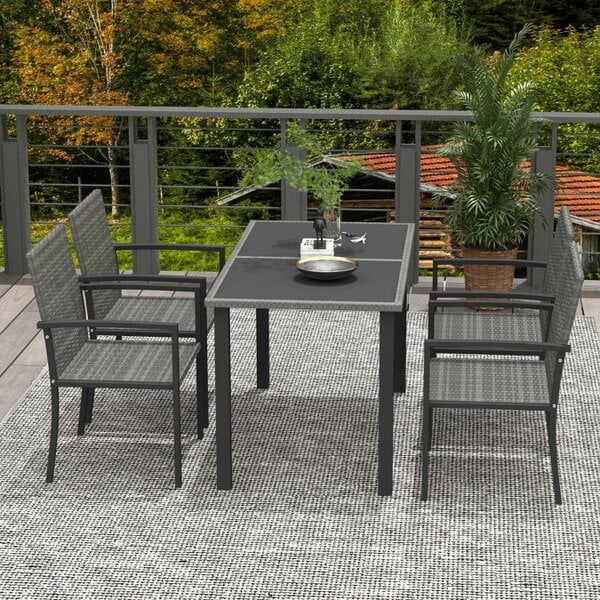 Wyld Haus Pakeri Dark Grey Rattan 4 Seater Outdoor Dining Set With Tempered Glass Table And Chairs