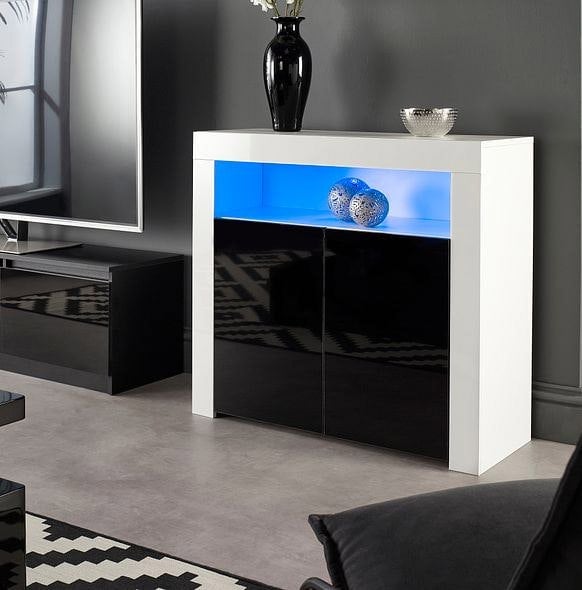 MMT Furniture Designs Modern White/Black Matt Gloss Buffet Sideboard Cabinet with LED Lights