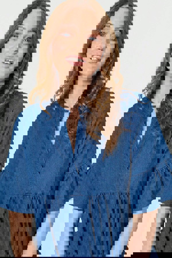 Blue | Flared 1/2 Sleeve Tiered Midi Dress