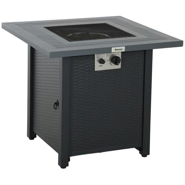 Square dark grey gas fire pit table with glass wind guard and front control panel