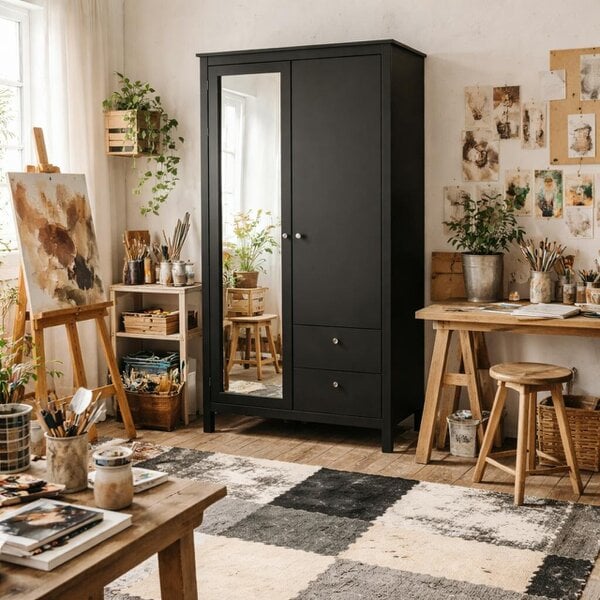 Wyld Haus Gossmere Matt Black Wardrobe 2 Doors 2 Drawers