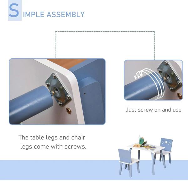 Kids table and chair set assembly showing screw-on table legs and chair legs
