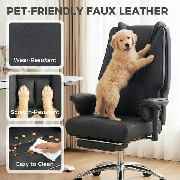 Executive Office Chair, Reclining Desk Chair with Footrest, Adjustable Armrests, Pet Friendly Faux Leather, Black
