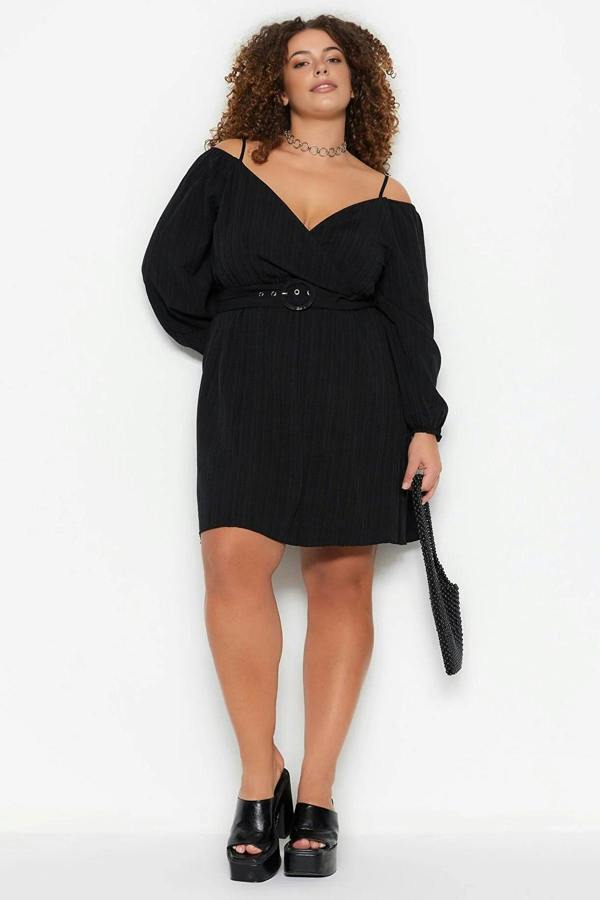 WOVCOR Belted Woven Wrap Collar Dress