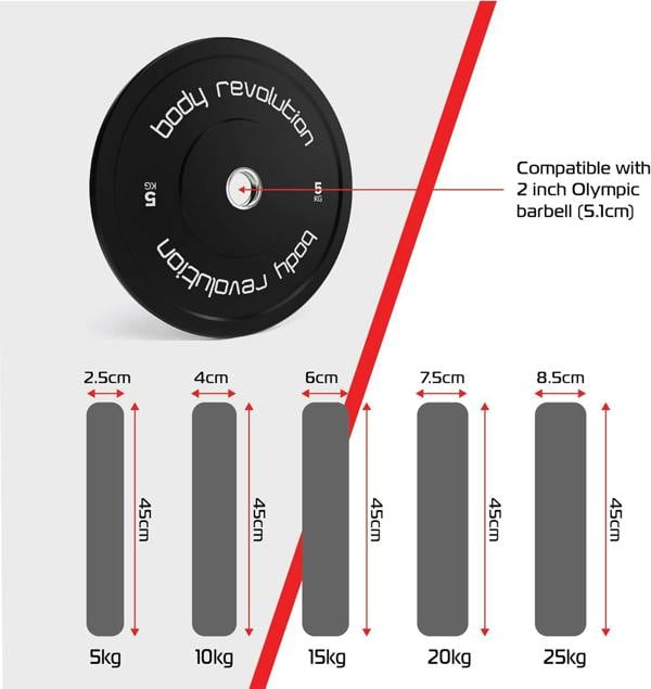 Black Olympic bumper plate with clear weight markings, designed for 2-inch barbells, showcasing durability and compatibility