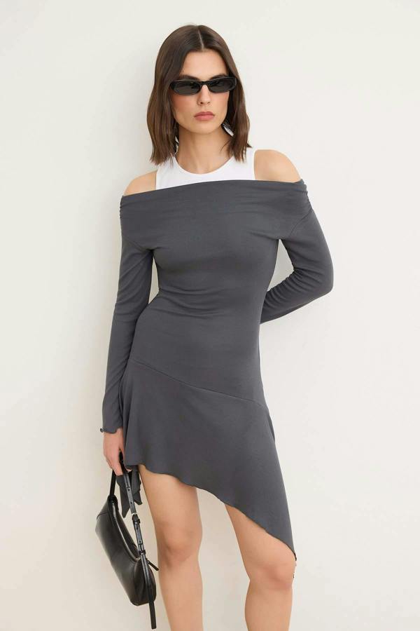 WOVCOR Regular Asymmetric Boat Neck Long Sleeve Mini Soft Touch Dress
