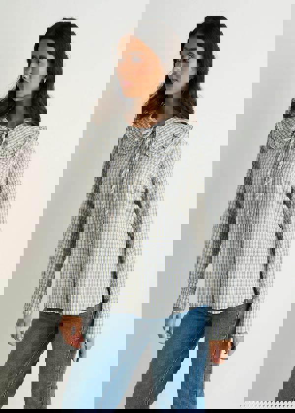 Gini London Blue Gingham Textured Check Peter Pan Collared Shirt