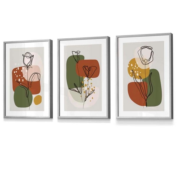 Artze Wall Art Floral Set of 3 Autumn Boho Framed Prints in Orange and Green