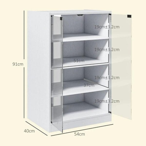Bobobiy 4-Tier Hi-Fi Stand, Record Player Stand with Adjustable Shelves and Push-to-Open Glass Doors, White Wood-Effect