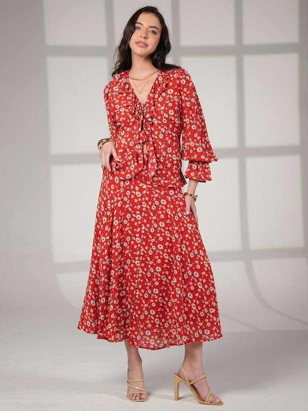 Rose & Nancy Philippa Red Floral Print Ruffle Blouse