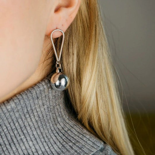 The Colourful Aura Large Silver Christmas Ball Latch Back Dangle Drop Geometric Sphere Earring