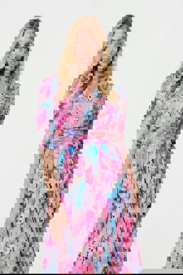 Pink | Abstract 3/4 Sleeve Midi Wrap Dress
