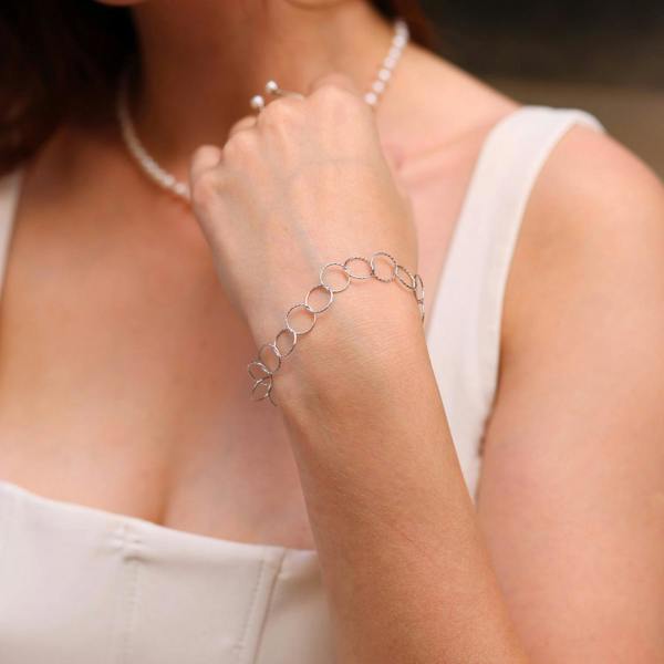 Spero London Textured Circle Hoops Sterling Silver Chain Bracelet